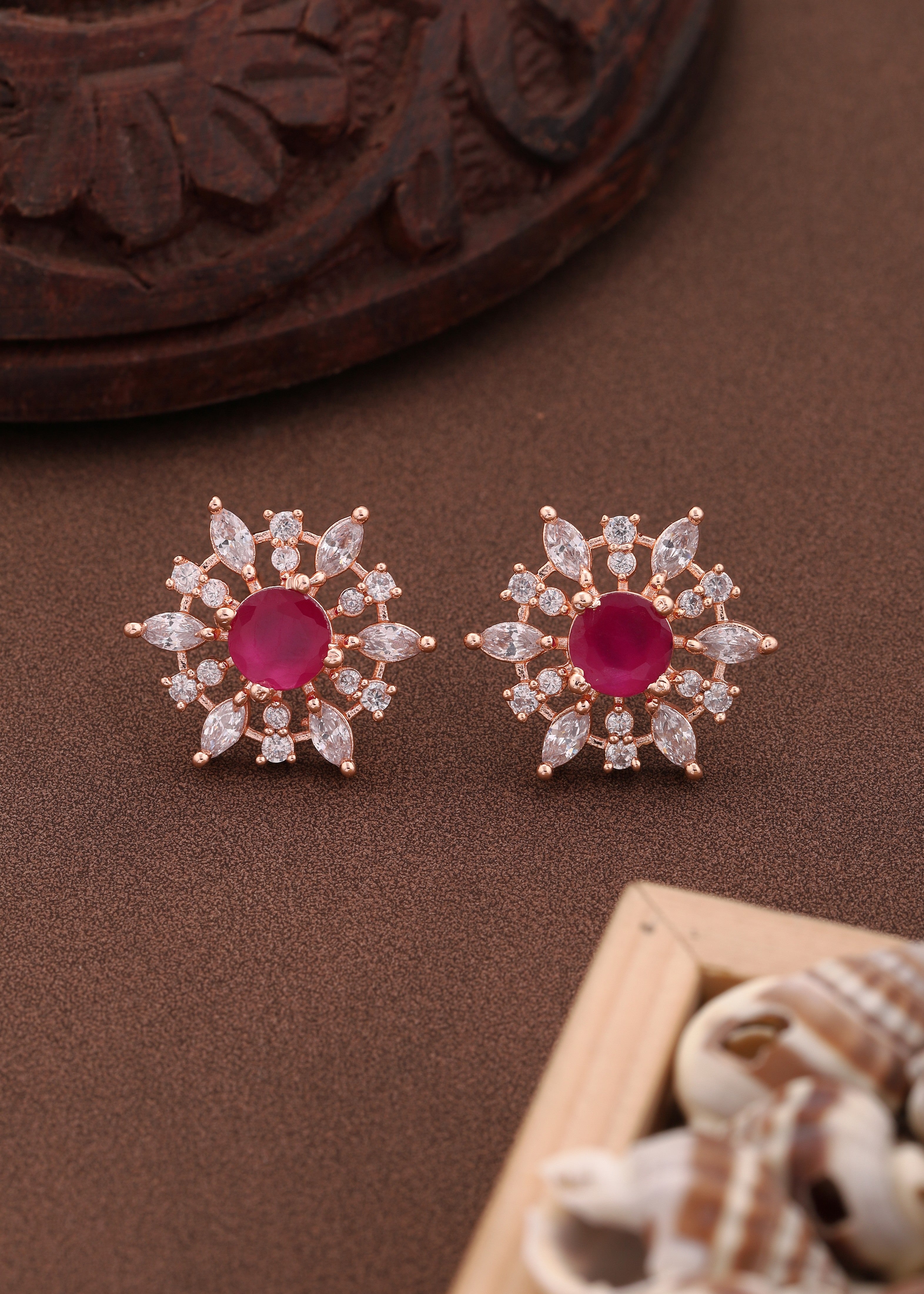 Ruby Diamond Look Rose Gold Plated Earring