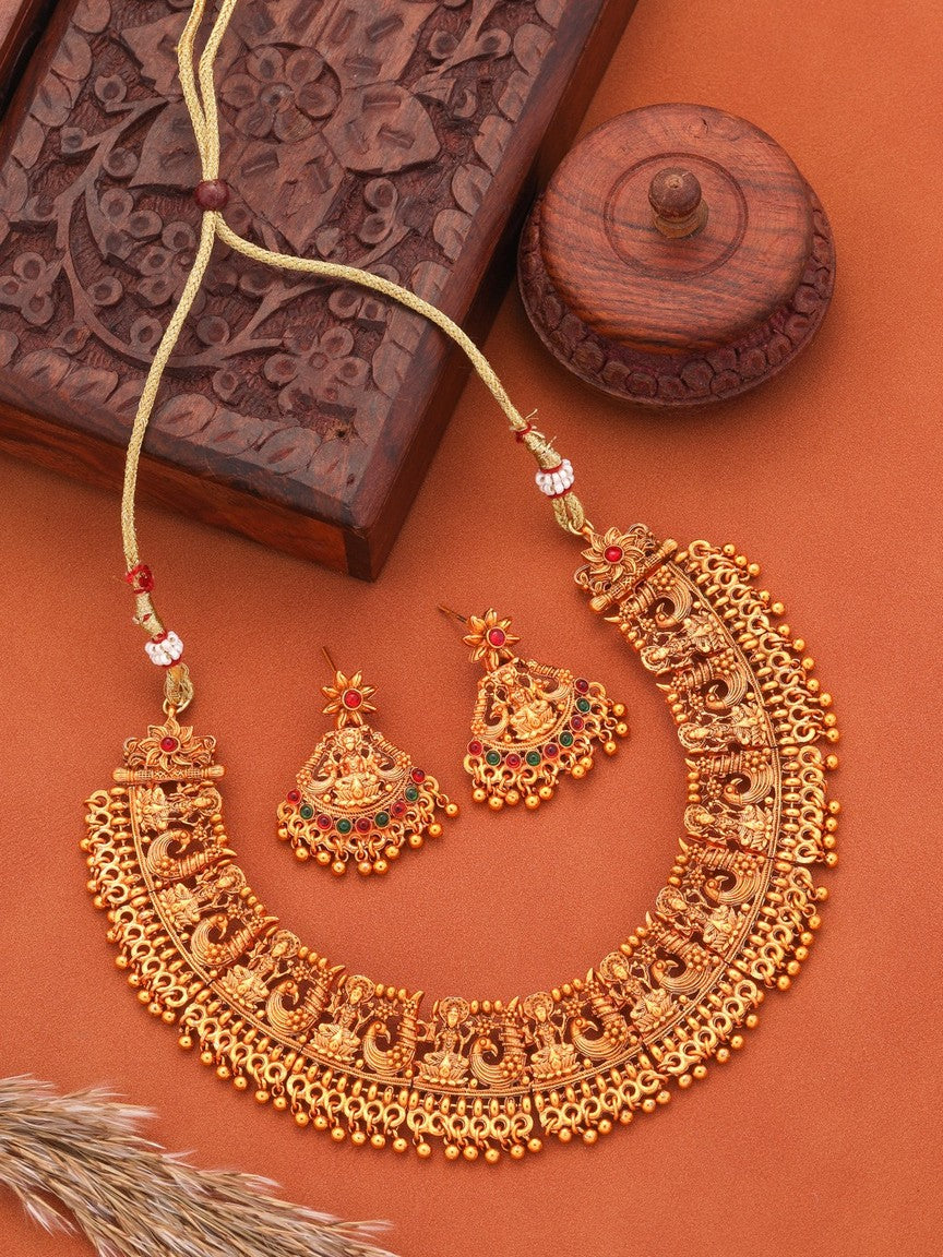 Gold-Plated Treditional Lxmiji Design Temple Jewellery Set