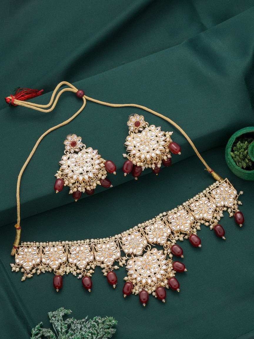 Traditional Gold Plated Kundan Necklace With Matching Earring