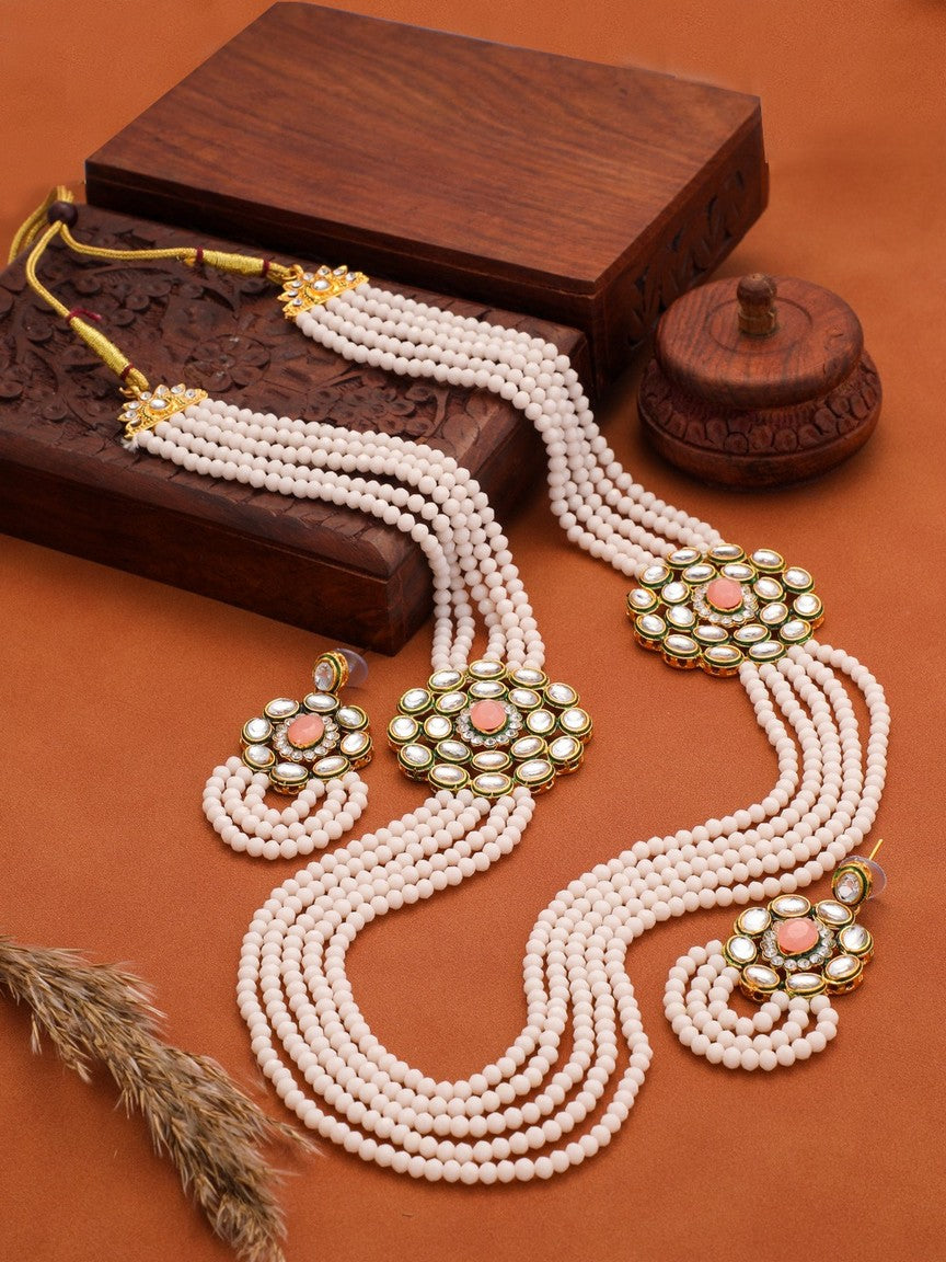 Kundan & Pearls Multi Layered Long Traditional Necklace & Earring Set