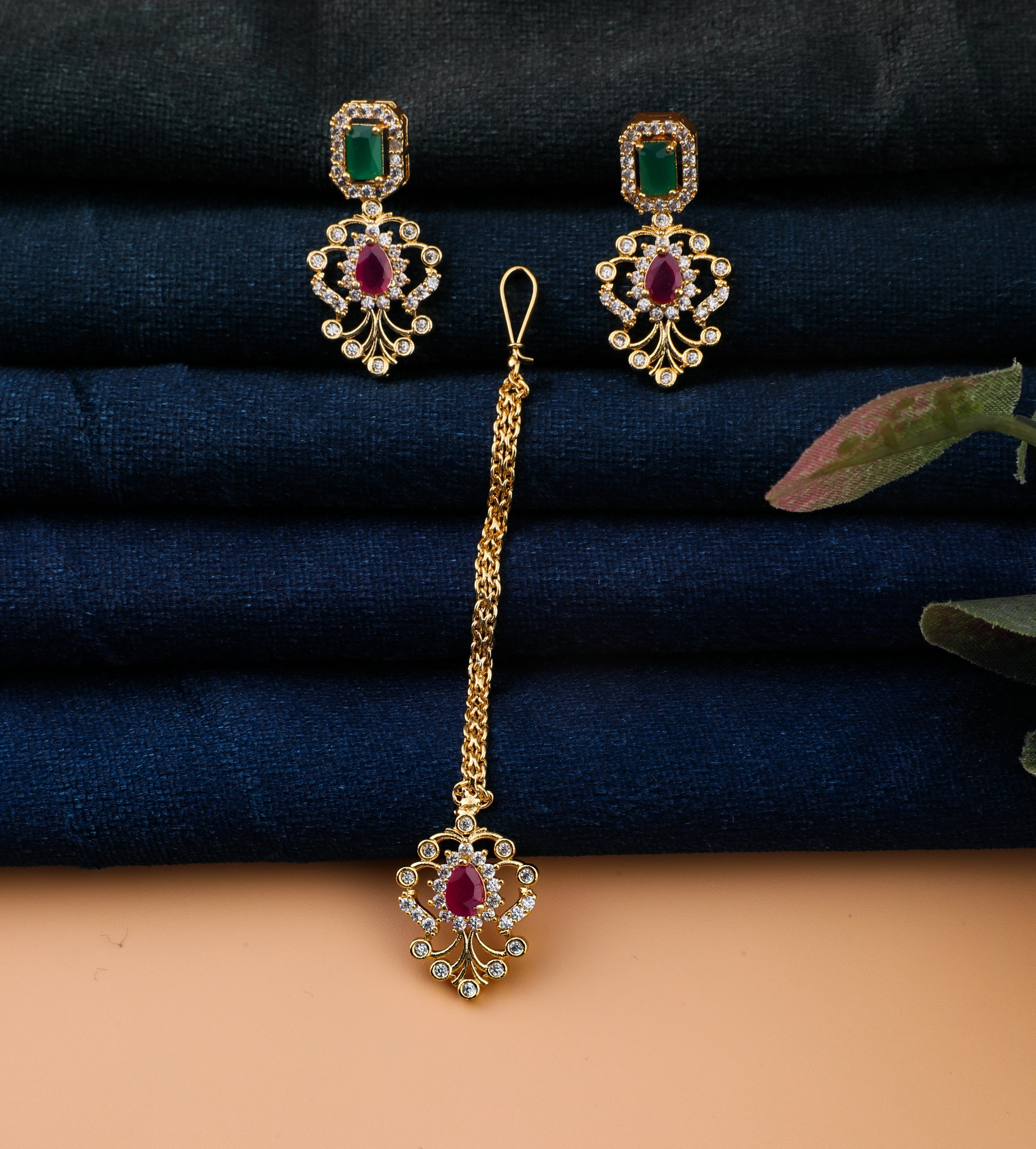 South Indian Rhodium Plated Multi Color Cubic Zircons with Tear Drop Studded Necklace Set With Mang Tikka