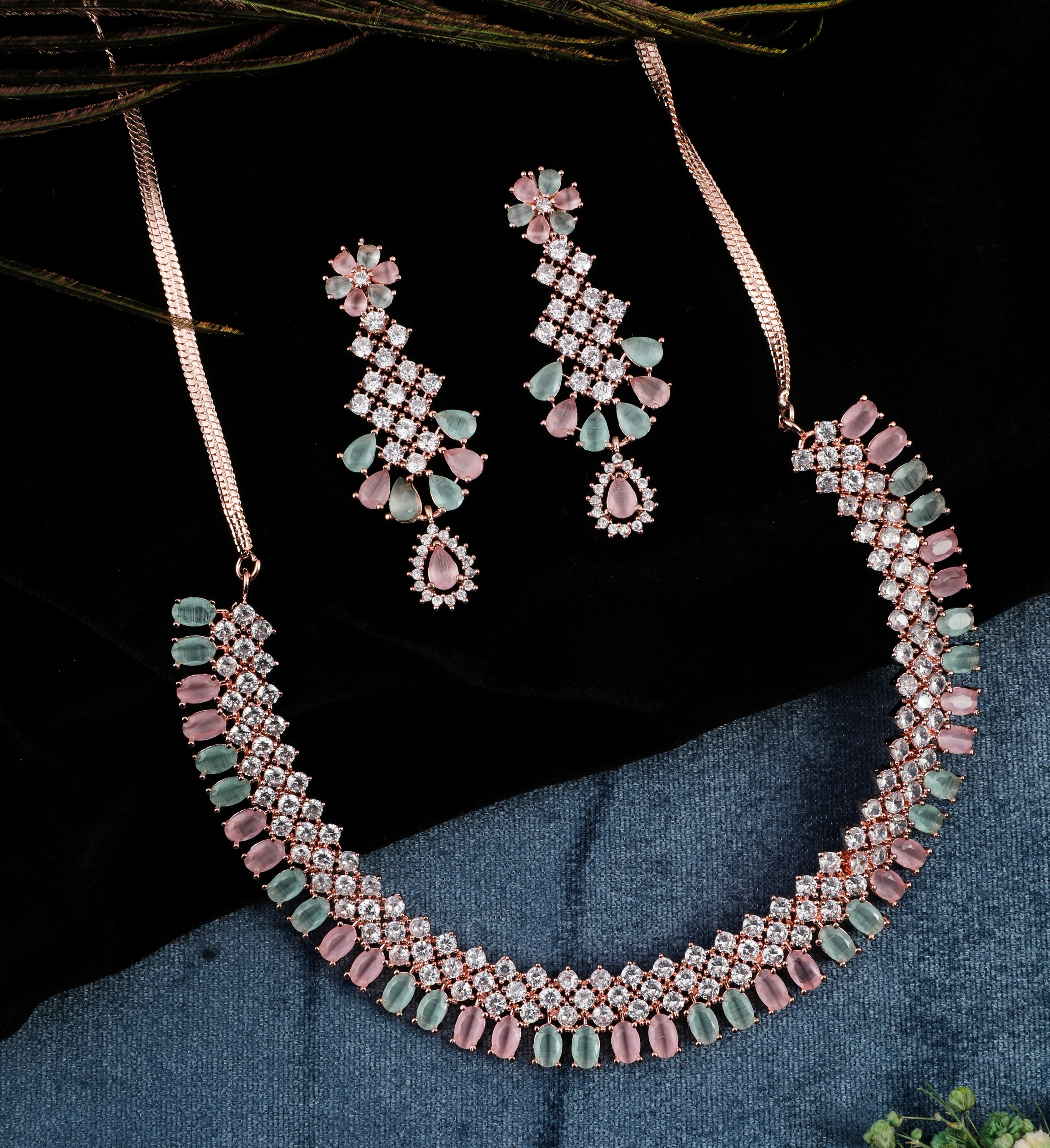 Rhodium Plated Multi Sapphire Zircons Studded Necklace Set.