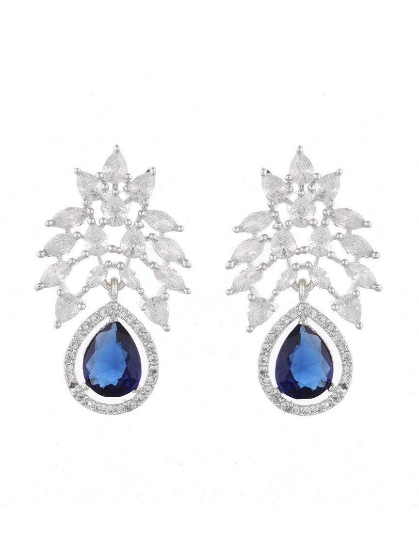 Rhodium Plated Leaf Earrings with Blue Stone