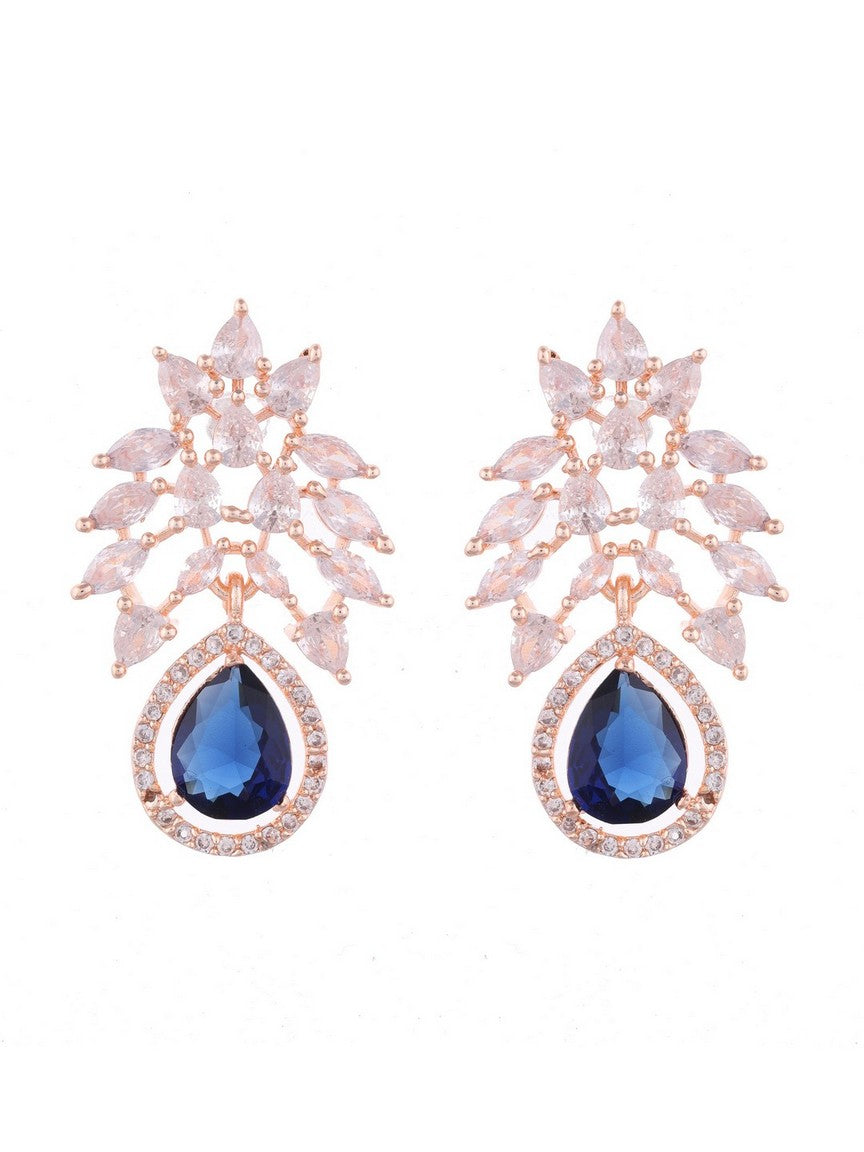 Gold Plated Leaf Earrings with White Stone