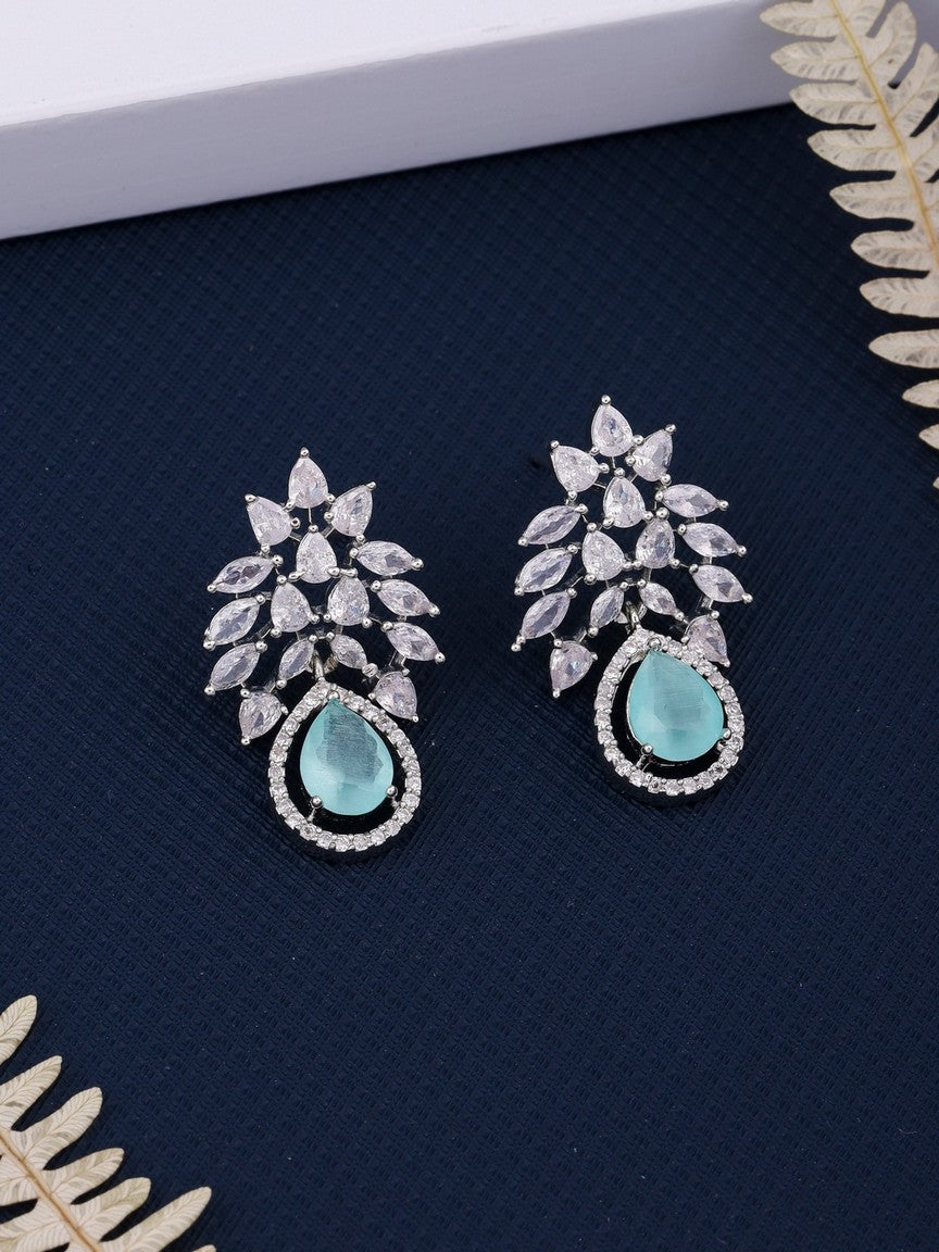 Rhodium Plated Leaf Earrings with Sea Green Stone