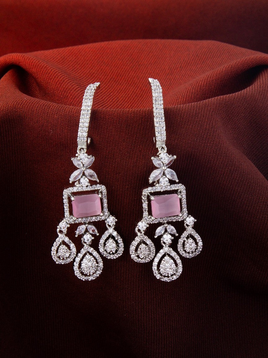 Silver Plated Earrings with Pink Stone