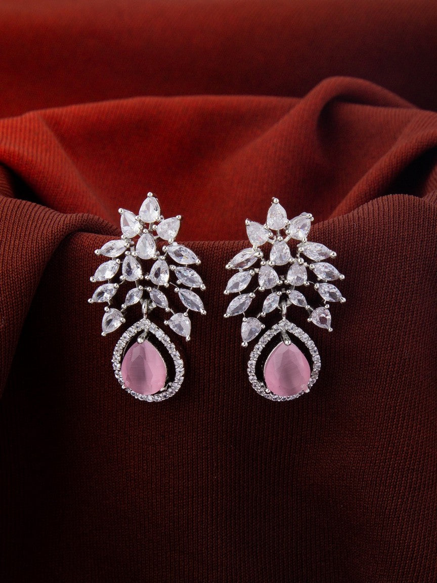 Rhodium Plated Leaf Earrings with Pink Stone