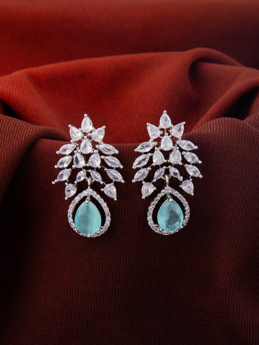 Rhodium Plated Leaf Earrings with Sea Green Stone