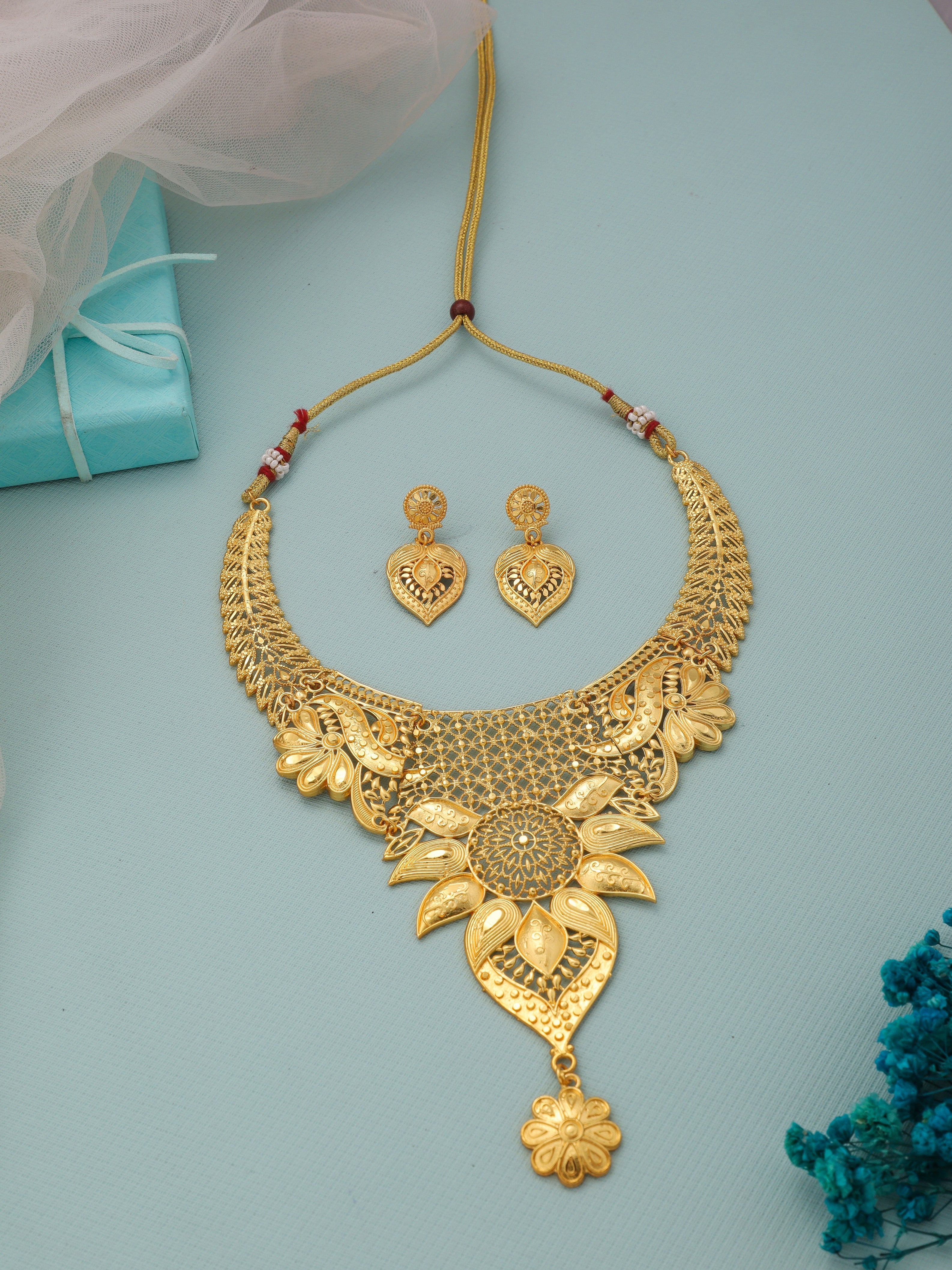 Traditional Gold Long Necklace And Earrings Set