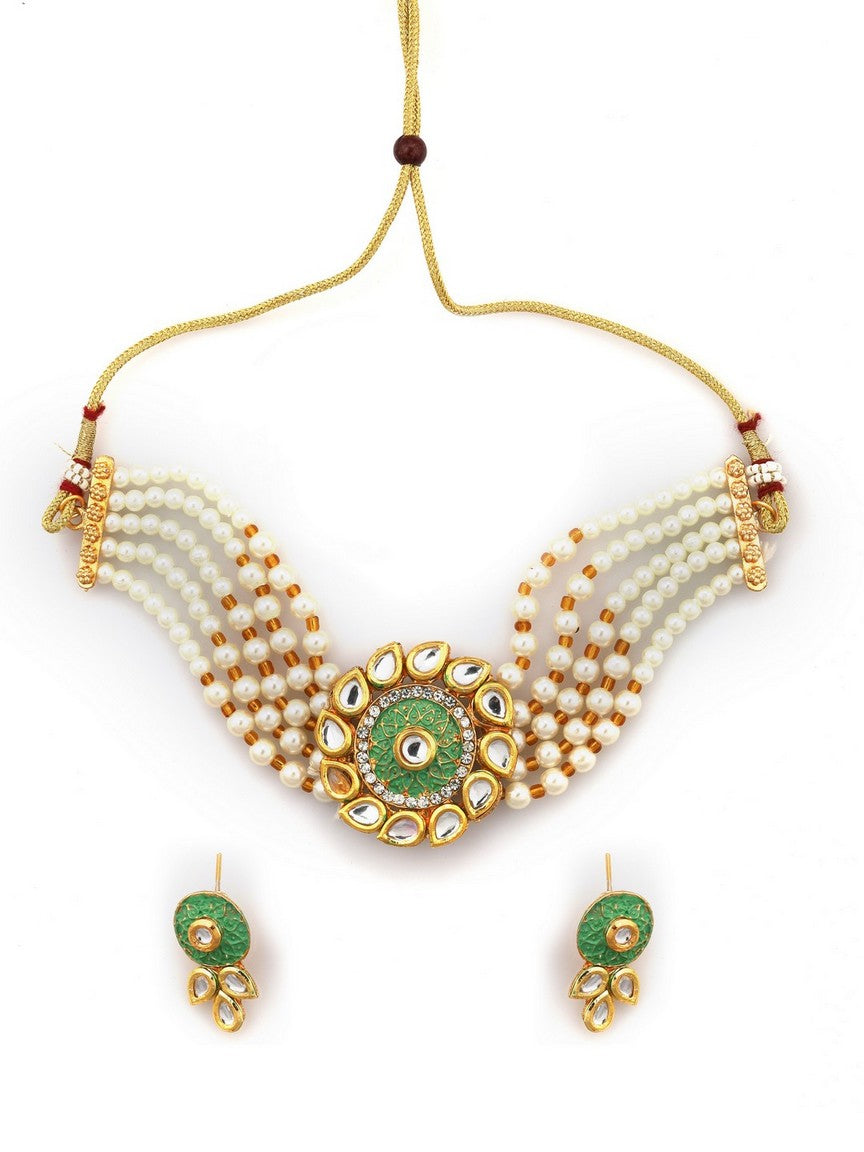 Gold-Plated Kundan Beaded Chocker Set with Earrings