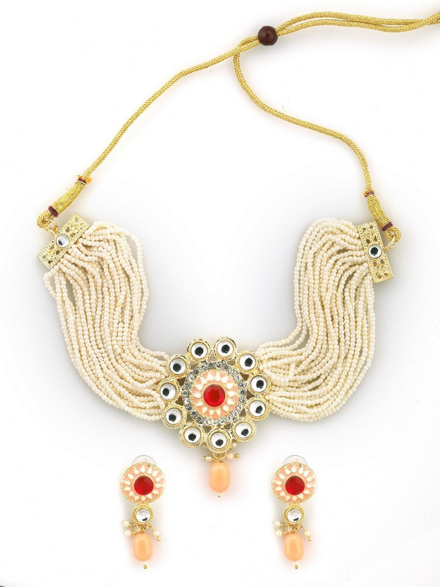 Red Crystal Ethnic Choker Set With Earring