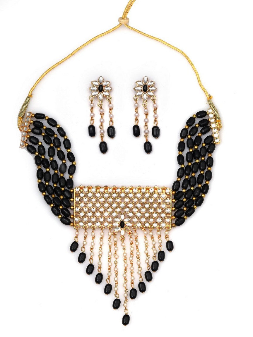 Black Kundan Beaded Gold toned Choker Necklace With Earring