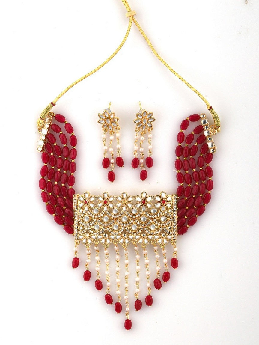 Red Kundan Beaded  Gold toned Choker Necklace With Earring