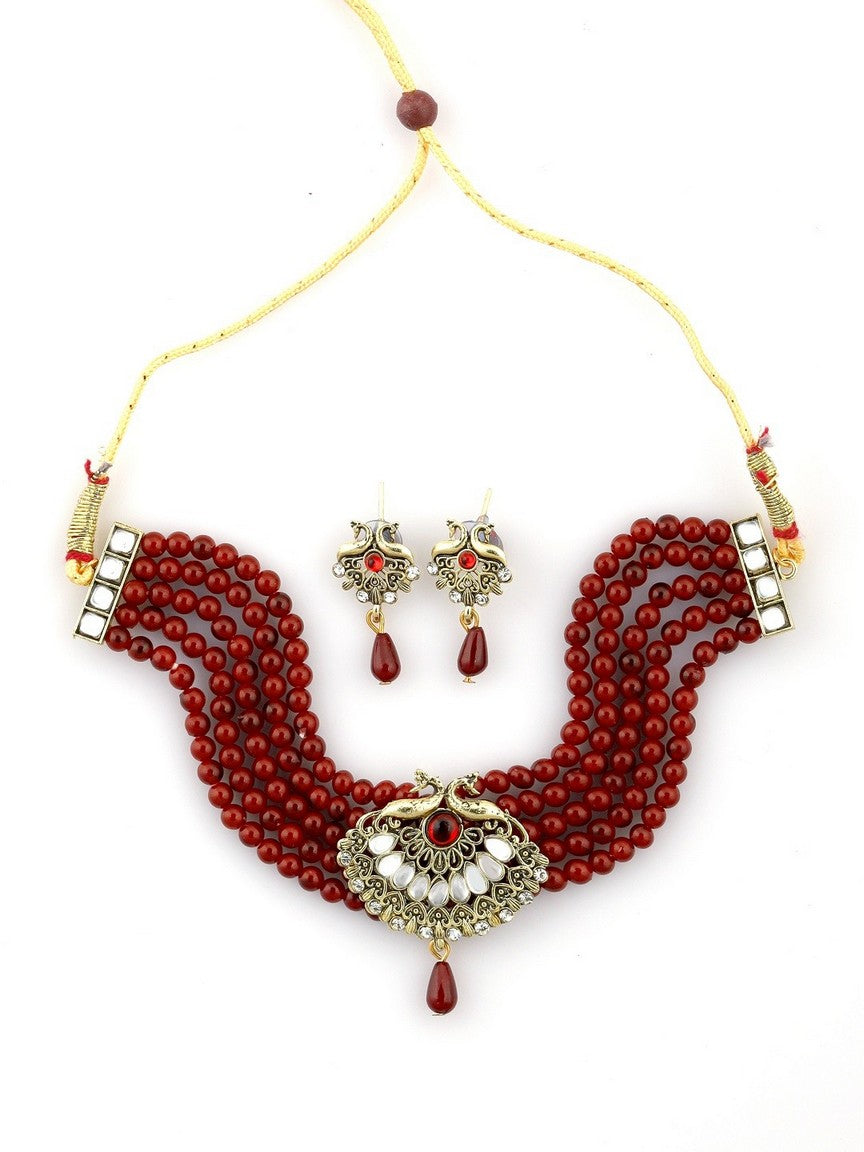 Red Kundan Beaded Peacock Shape Gold toned Choker Necklace With Earring