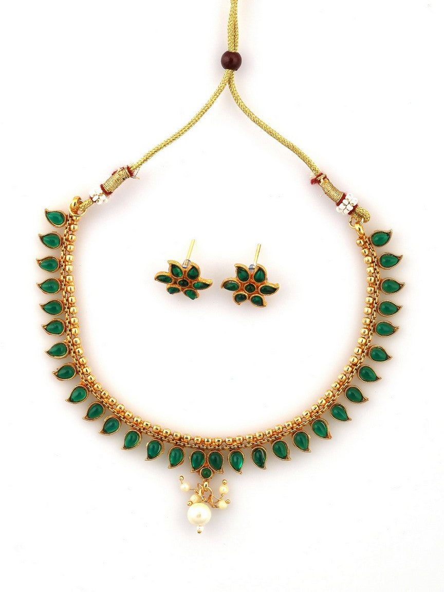 Gold-Plated Green  Stones-Studded Beaded Temple Jewellery Set