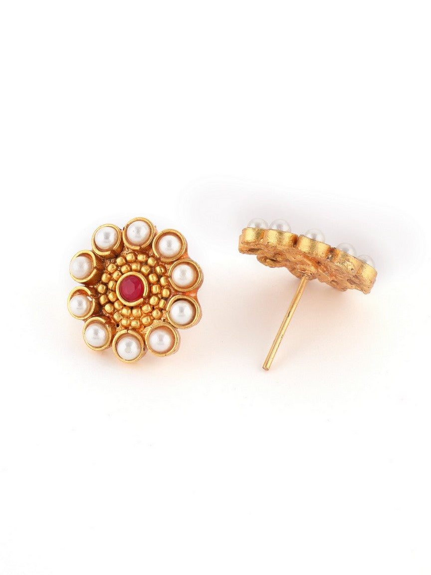 Gold Plated Red White Stone Studded Jewellery Set