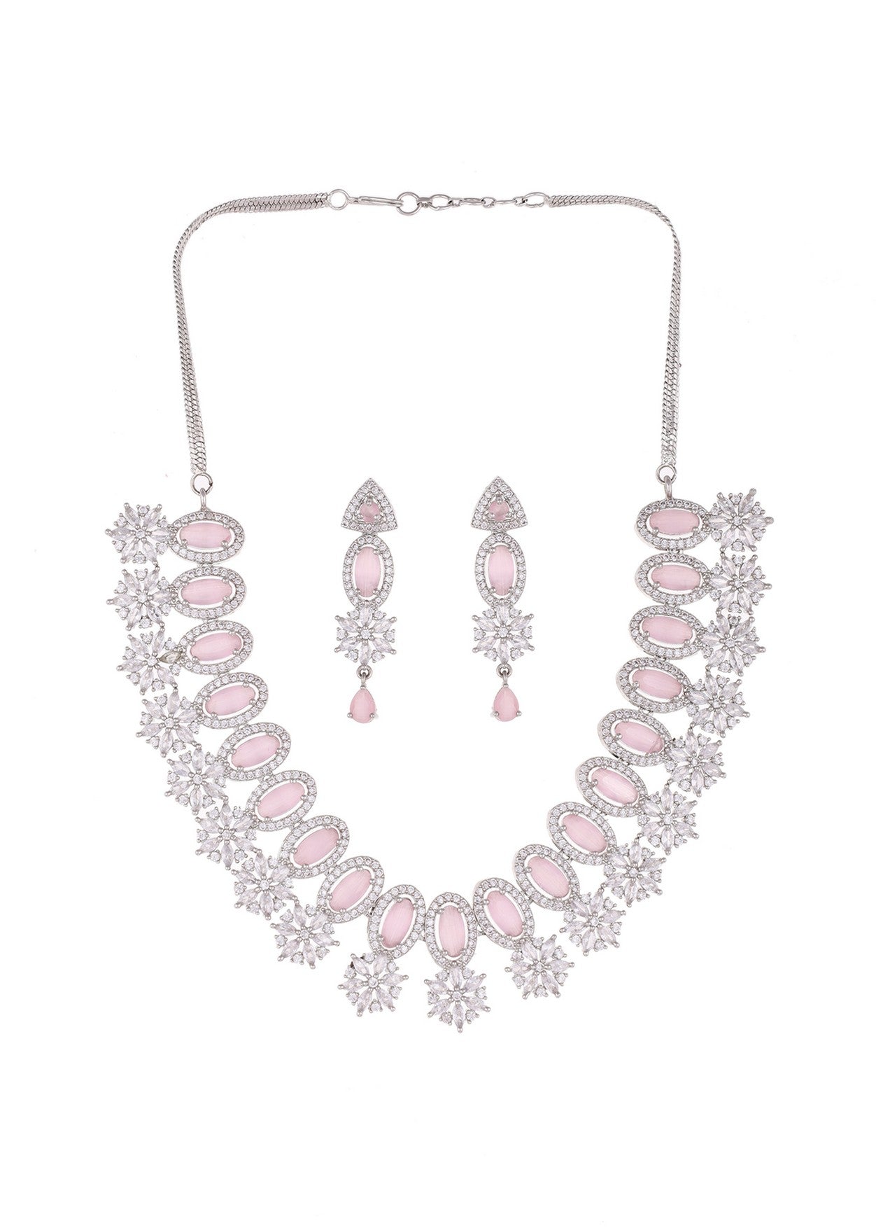 Rhodium Plated Pink Sapphire Zircons Studded Necklace Set.
