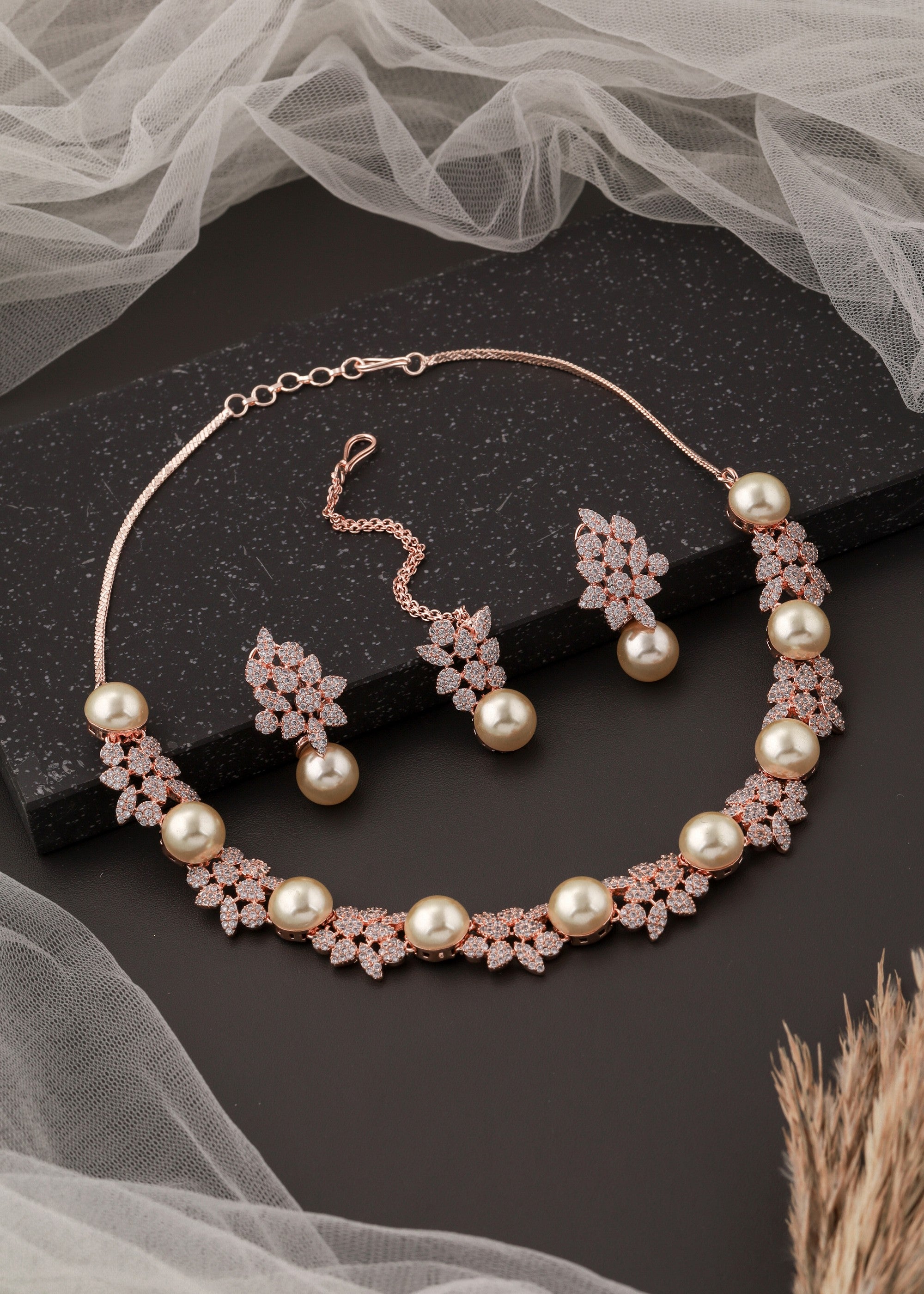 Rhodium Plated  Cubic Zircons with Sea Pearl Studded Necklace Set With Mang Tikka..