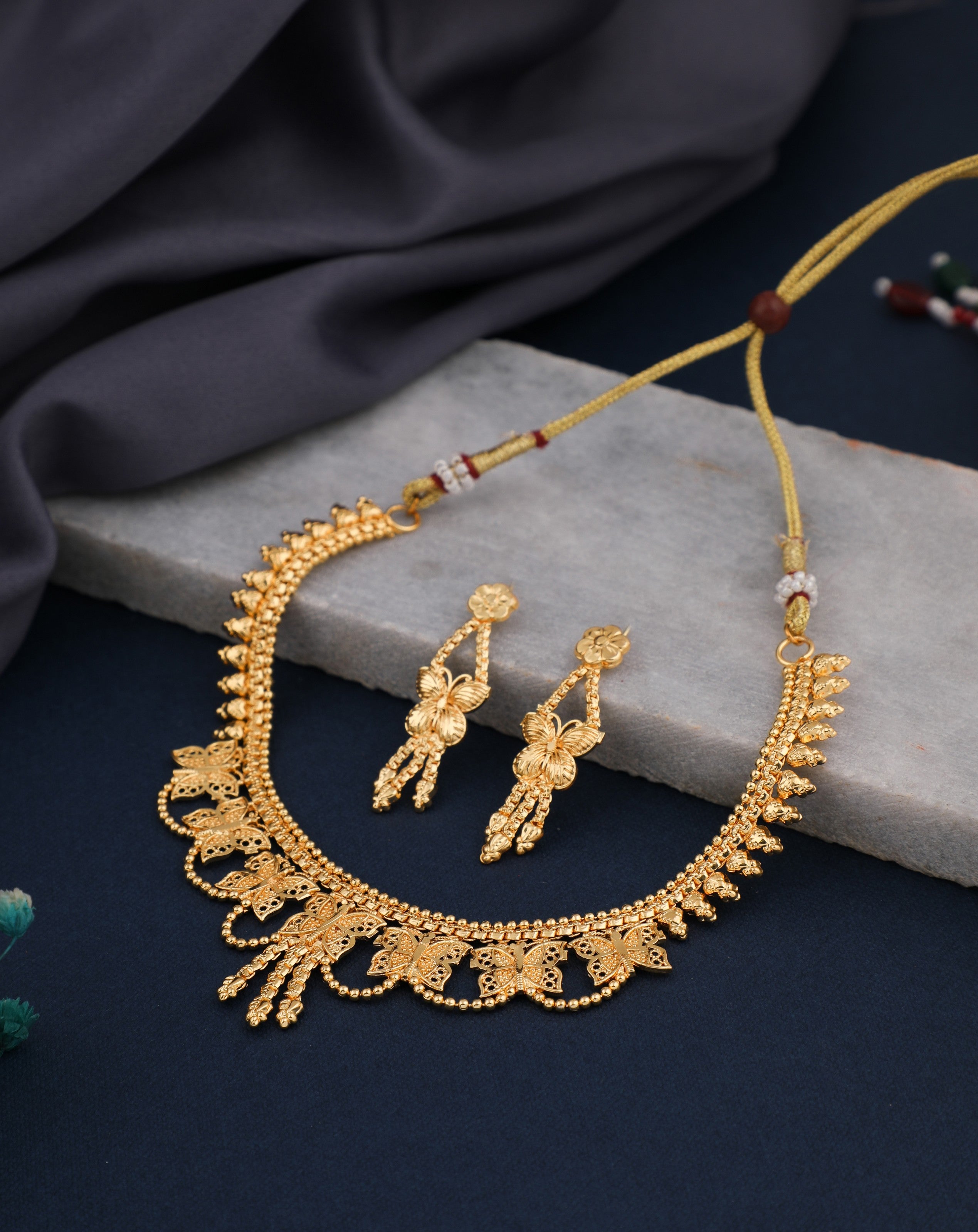 Gold-Plated Butterfly Handmade Kalkati Set With Matching Earring