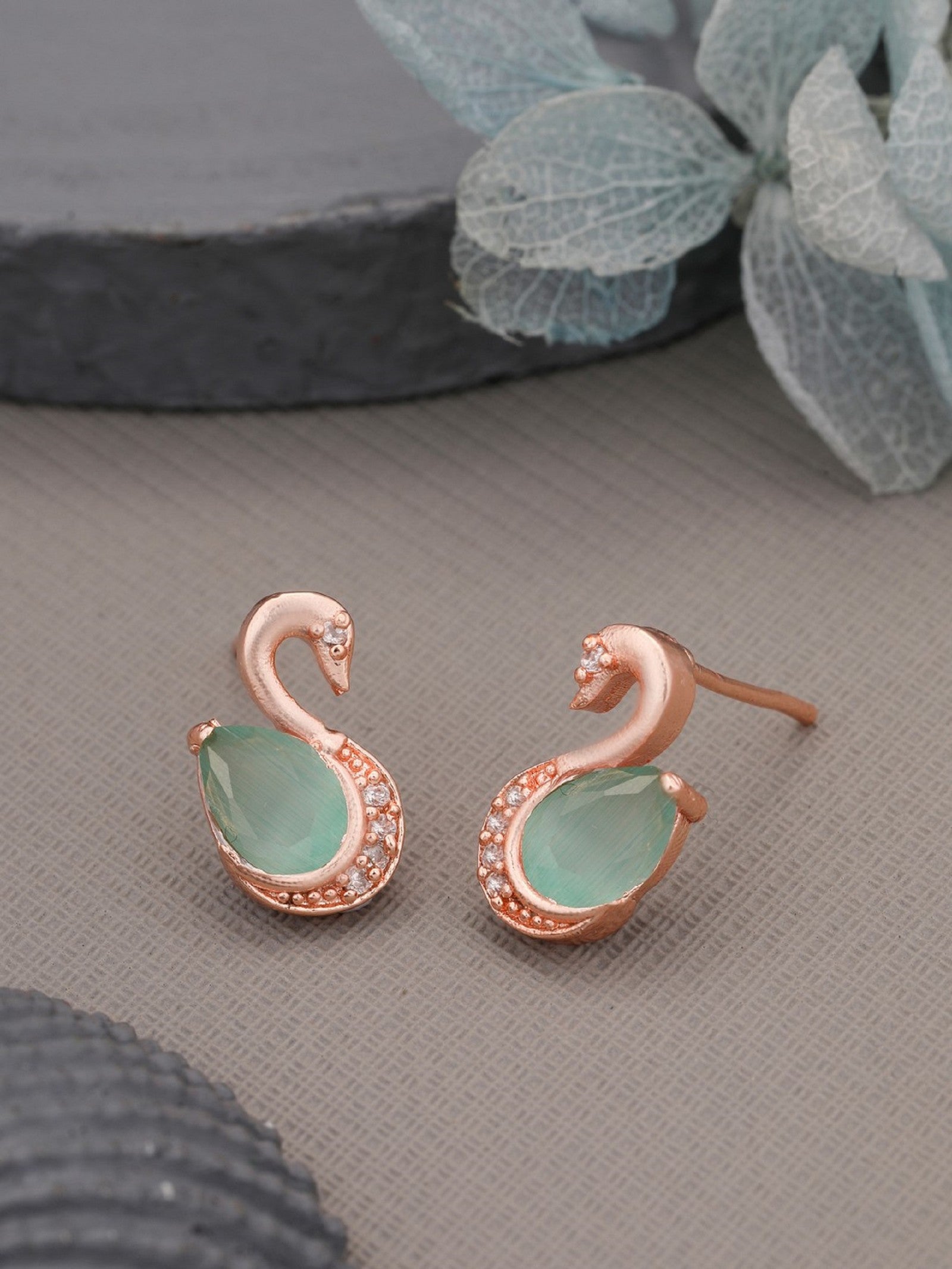 Rose Gold Plated Duck Shape Earring With Sea Green Diamond
