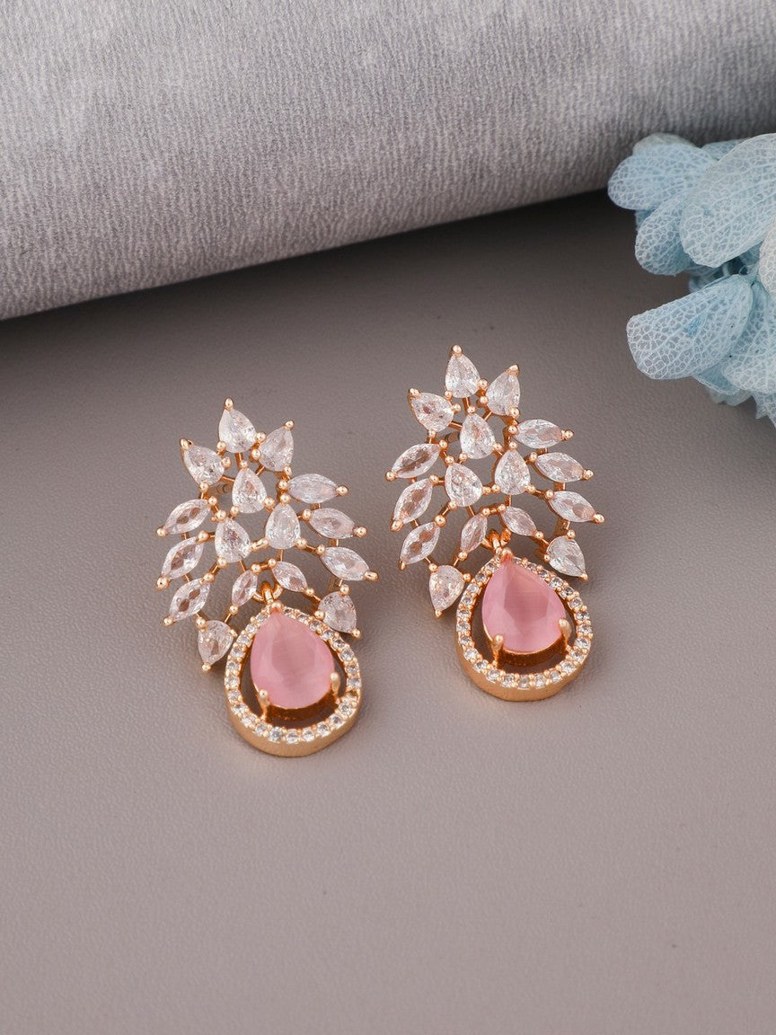 Gold Plated Leaf Earrings with White Stone