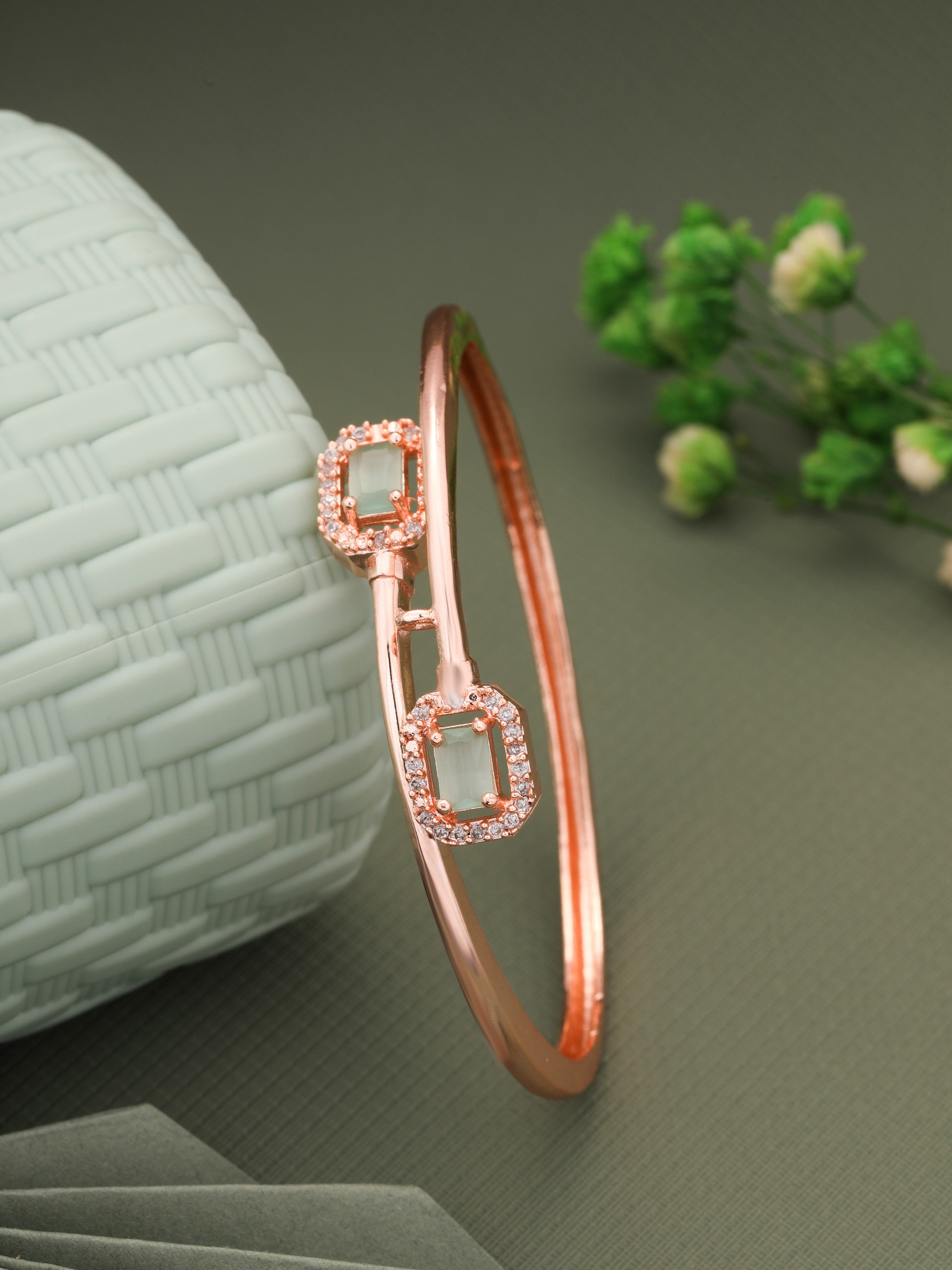 Rose Gold Plated Square Shape Kada With Studed AD Diamond