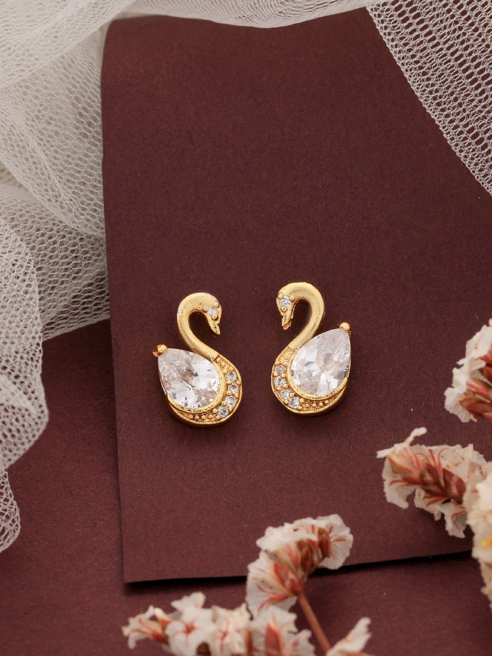 Gold Plated Duck Shape Earring With White Diamond