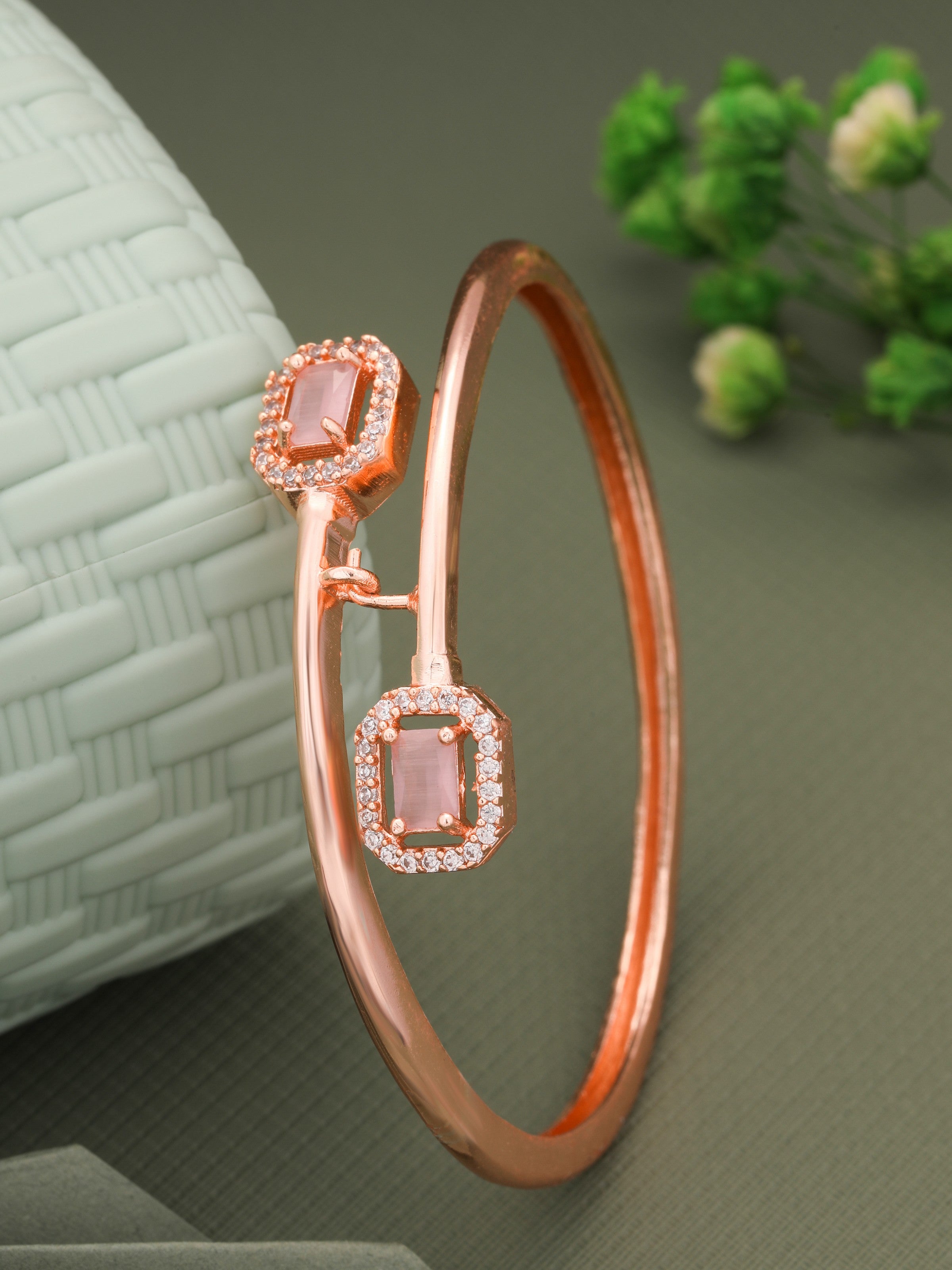 Rose Gold Plated Square Shape Kada With Studed AD Diamond