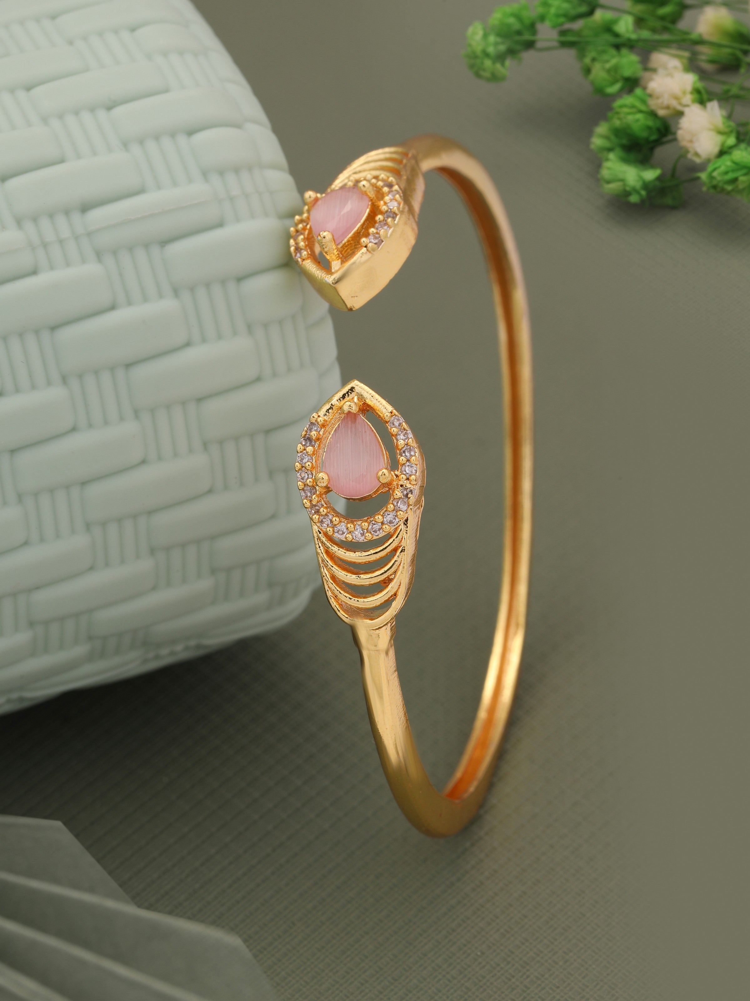 Gold Plated Open Kada With Studed AD Diamond