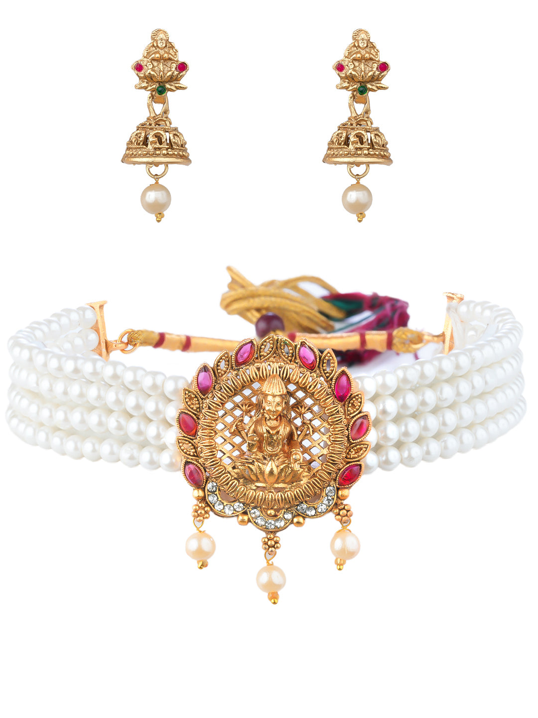 Gold-Plated Treditional Design Temple Choker Necklace Set With Earrings